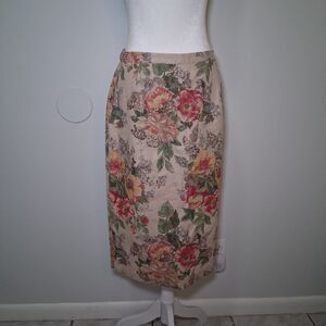 100% Linen Floral Pencil Skirt Sz 10 Bloomcore Pastel Garden Party Teacher